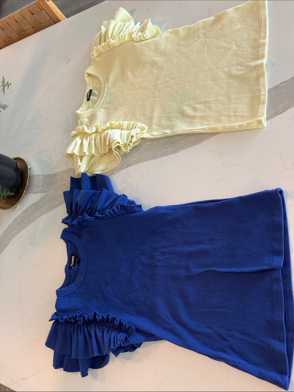 Express Ruffle Sleeve Tank Tops in Blue and Light Yellow